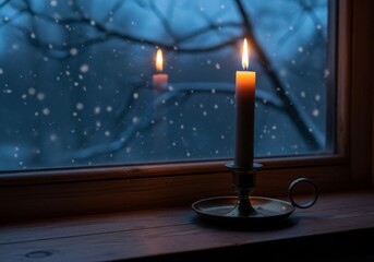 The cozy atmosphere of a winter evening is captured, featuring soft candlelight against the backdrop of falling snow outside.