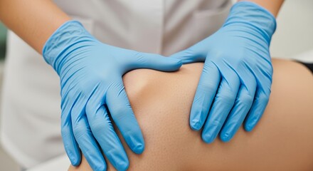 A doctor's hand applies light pressure to the knee, checking for stability or localized tenderness.