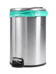 One metal trash bin with plastic bag isolated on white