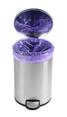 One metal trash bin with plastic bag isolated on white