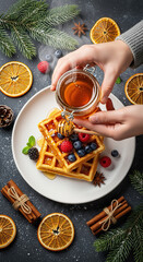 Belgian waffles with fresh berries and honey drizzle. Hands pouring honey from a glass jar over the waffles. Dried orange slices, snowy evergreen twigs, cinnamon sticks and white ceramic plate