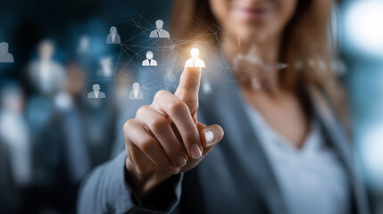 Professional selecting digital resume on virtual interface faceless businesswoman defocused technology background recruitment human resources innovation personnel selection