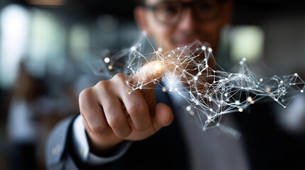 Digital personnel meeting with virtual network of professionals defocused futuristic interface background business attending visualization remote workforce connection online