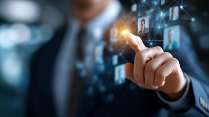 Digital recruitment and talent rating system concept faceless businessperson selecting defocused virtual screen background candidate profiles star ratings modern personnel