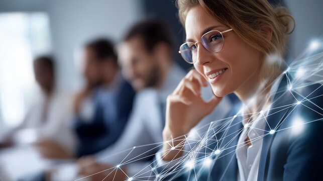 Digital personnel meeting with virtual network of professionals defocused futuristic interface background business attending visualization remote workforce connection online - Powered by Adobe