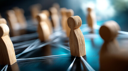 Interconnected wooden peg figures forming complex network structure defocused azure background social connection symbolism business collaboration digital communication systems