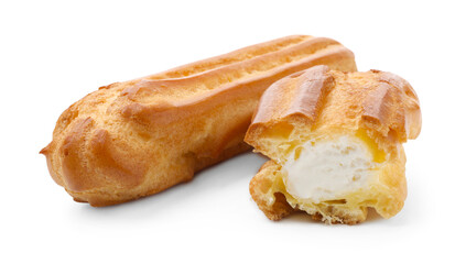 Tasty eclairs with whipped cream isolated on white