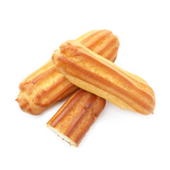 Tasty eclairs isolated on white, top view
