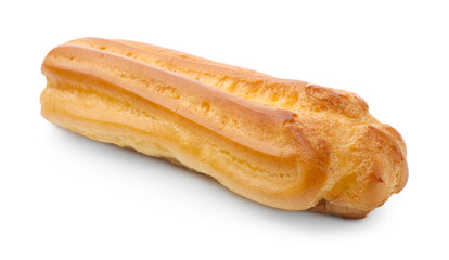 One tasty eclair isolated on white. Delicious dessert