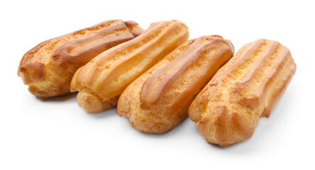 Tasty eclairs isolated on white. Delicious dessert