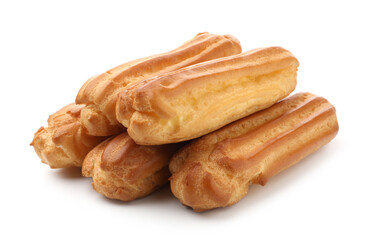 Tasty eclairs isolated on white. Delicious dessert