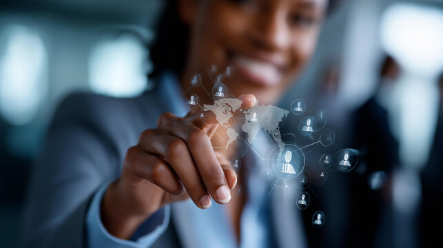 Digital personnel interface with icons showing employee analytics defocused background recruitment strategy global connectivity performance data teamwork solutions modern