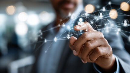 Professional holding digital team icon faceless businessman defocused background representing employee data system workforce management business connection leadership talent