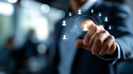 Professional holding digital team icon faceless businessman defocused background representing employee data system workforce management business connection leadership talent
