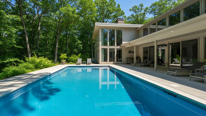 Fototapeta premium Luxury home with swimming pool surrounded by lush greenery on a sunny day