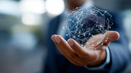 Personnel manager hand holding globe with network connecting data faceless professional defocused background recruitment talent growth employee engagement training systems