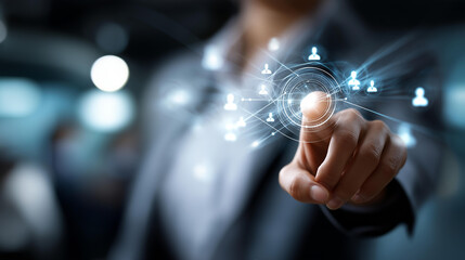 Professional activating applicant tracking system faceless businessman defocused technology background efficient recruitment streamlining modern hiring data management