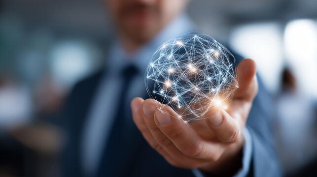 Personnel manager hand holding globe with network connecting data faceless professional defocused background recruitment talent growth employee engagement training systems