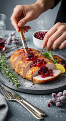 Roasted turkey slices with cranberry glaze, hands spreading cranberry sauce across the turkey with a small brush, frosted berries and stone serving tray