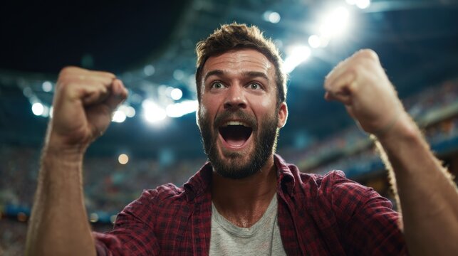 A man with a joyful expression celebrates passionately in a stadium. The atmosphere is electric as fans cheer for their team during an exciting sports event under bright lights.