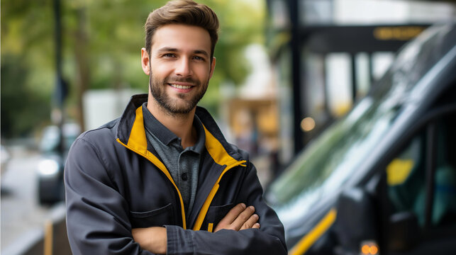 Portrait of young confident courier in uniform faceless delivery professional defocused vehicle background service provider display logistics worker scene transportation