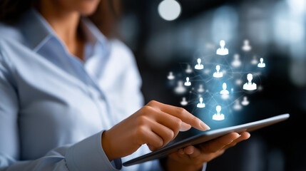 Digital employee onboarding and verification process using tablet faceless hand defocused technology background personnel integration platform workforce authentication system