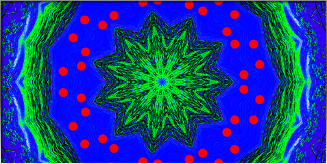 A striking mandala design features a vivid green starburst surrounded by red dots on a cobalt blue background. The design is symmetrical, drawing attention to the intricate details 