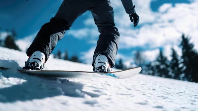 Video Person snowboarding down a snowy hill, perfect for winter sports or outdoor activities