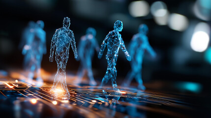 Digital human icons illuminated on dark tech circuit board defocused background networked people connect futuristic cyberspace data analysis intelligent talent search