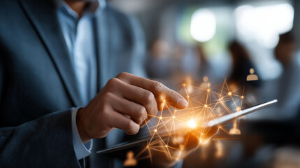 Digital recruitment process with personnel manager selecting candidate using tablet faceless professional defocused office background human resource technology online hiring