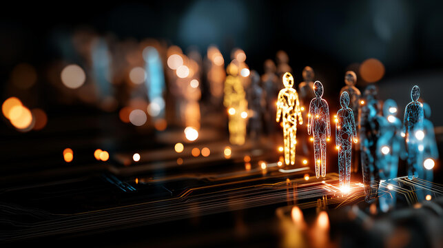 Digital human icons illuminated on dark tech circuit board defocused background networked people connect futuristic cyberspace data analysis intelligent talent search - Powered by Adobe