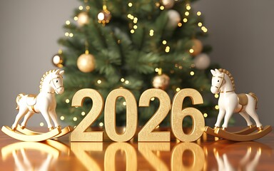 Two charming white horse figurines stand on either side of large, glittering gold numbers 2026