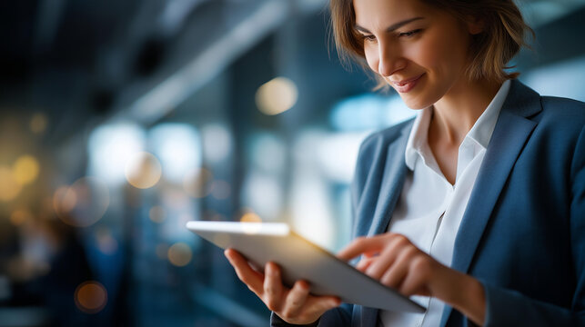 Professional using tablet with intelligent automation faceless businesswoman defocused digital background recruitment technology personnel management automation analytics