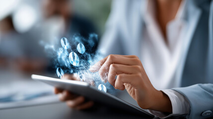 Professional using tablet with intelligent automation faceless businesswoman defocused digital background recruitment technology personnel management automation analytics