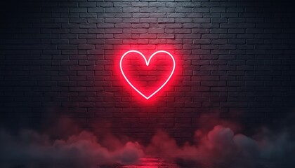 Neon heart glows on brick wall. Red light reflects on wet floor. Smoky atmosphere creates moody vibe. Perfect for love, passion, or Valentine celebration visuals.