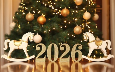 Two charming white horse figurines stand on either side of large, glittering gold numbers 2026