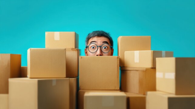 A person with glasses peeks over a stack of cardboard boxes in a colorful studio. The bright background adds humor to the excitement of unpacking.