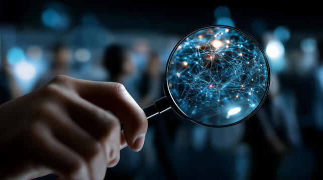 Futuristic digital concept showing leadership search and team management defocused data network background magnifying lens global tech visualization 3D rendering personnel