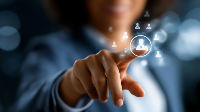 Closeup of professional using human resources management system faceless businesswoman defocused background choosing candidate hiring process personnel selection platform