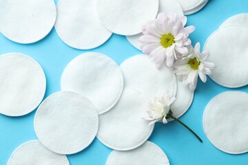 Clean cotton pads and daisy flowers on light blue background, flat lay
