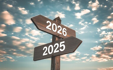 Wooden directional signs showing 2026 new year and 2025 against blue sky creating a meaningful transition theme for new year 2026 theme designs
