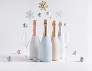 Champagne Bottles and Glasses with Winter Holiday Decorations