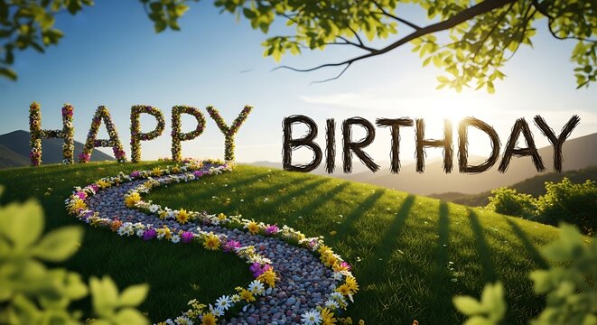 Flower garden meadow happy birthday celebration card design nature landscape scenic greeting image art