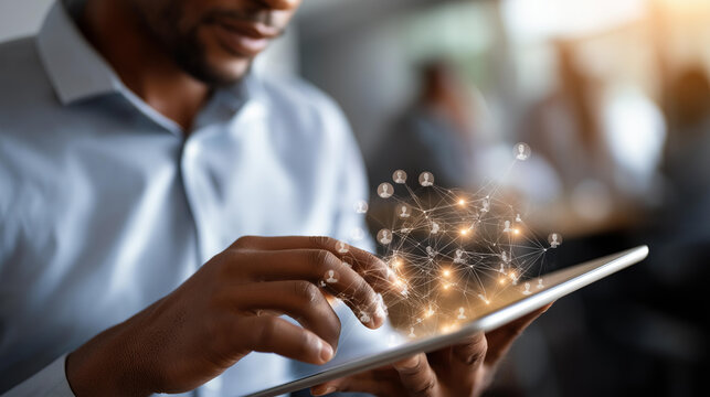 Person using tablet with online job search interface faceless individual defocused minimal graphic background digital recruitment concept personnel discovery platform hiring