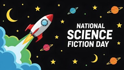 Rocket ship launching into a starry night sky with planets to celebrate national science fiction day