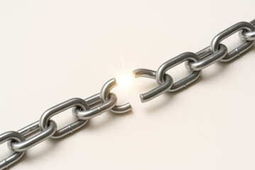 Obraz premium A broken link in a metal chain with a flash of light in the gap.