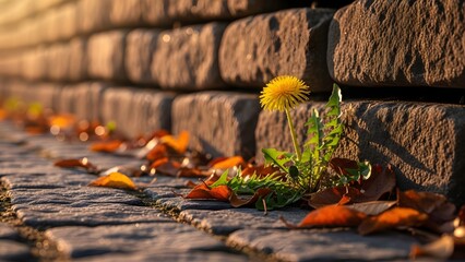 A single yellow dandelion blooms defiantly against a stone retaining wall with scattered autumn leaves