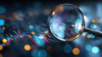 A magnifying glass highlights colorful data trends against a dark background filled with abstract shapes. The scene conveys the analysis of information and insights in a technological setting.
