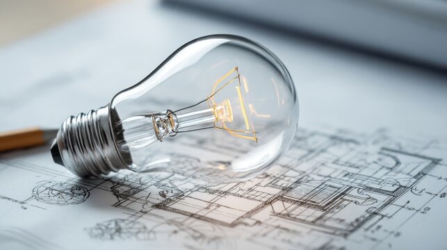 A clear light bulb rests on top of detailed architectural blueprints in a workspace. The design plans highlight various elements of the building concept during a brainstorming session.