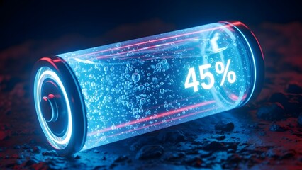 Glowing futuristic battery cell showing 45 percent charge level with blue liquid and neon light effect